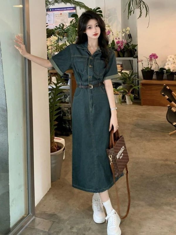 Denim haljina midi A-linije, polo ovratnik, visoki struk, kratki rukavi