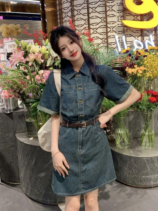 Denim haljina midi A-linije, polo ovratnik, visoki struk, kratki rukavi