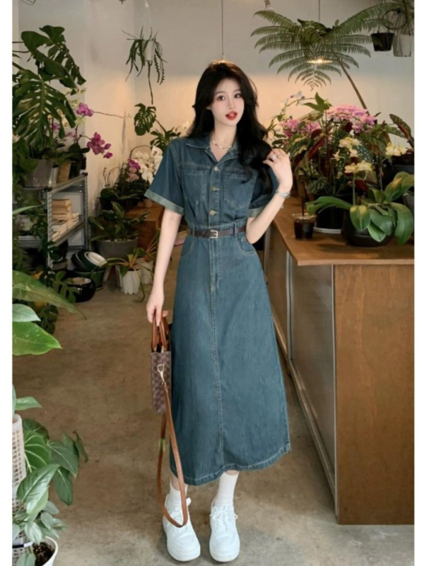 Denim haljina midi A-linije, polo ovratnik, visoki struk, kratki rukavi