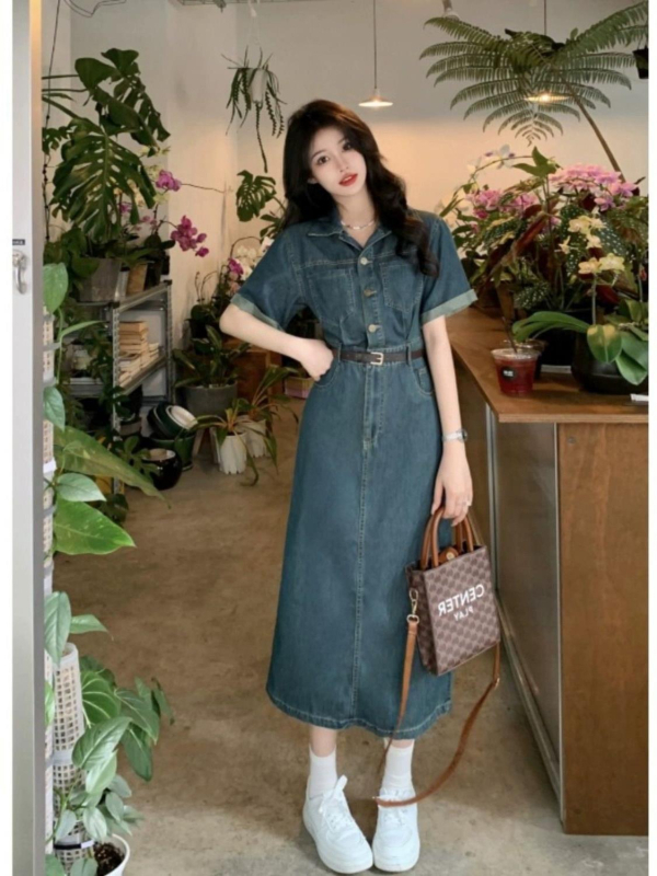 Denim haljina midi A-linije, polo ovratnik, visoki struk, kratki rukavi