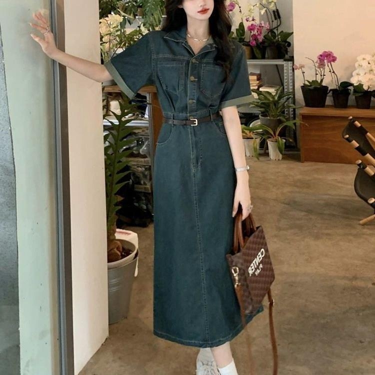 Denim haljina midi A-linije, polo ovratnik, visoki struk, kratki rukavi