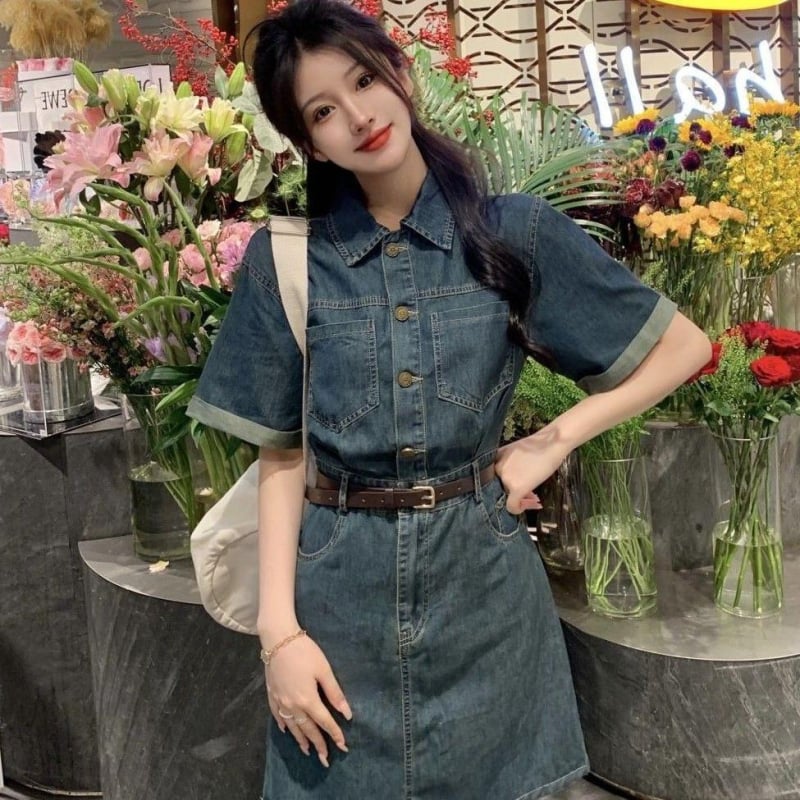 Denim haljina midi A-linije, polo ovratnik, visoki struk, kratki rukavi