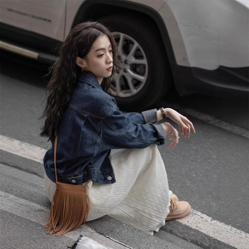 Κοντό τζίν τζάκετ με polo γιακά, μακριές μανίκια, άνετη γραμμή, από βαμβάκι, φθινοπωρινή συλλογή 2024