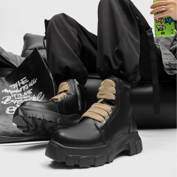 Ανδρικά δερμάτινα μποτάκια μεσαίου ύψους για ιππασία, με φερμουάρ στο πλάι, PU σόλα, στρογγυλή μύτη, μπροστινό κορδόνι, σχέδιο αύξησης ύψους