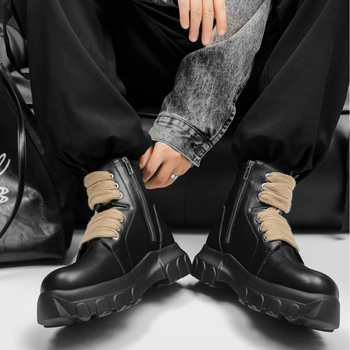 Ανδρικά δερμάτινα μποτάκια μεσαίου ύψους για ιππασία, με φερμουάρ στο πλάι, PU σόλα, στρογγυλή μύτη, μπροστινό κορδόνι, σχέδιο αύξησης ύψους