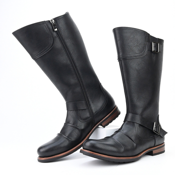 Ανδρικά δερμάτινα μοτοσικλετιστικά μποτάκια με PU επάνω μέρος, σόλα από καουτσούκ, ψηλό ύψος γάμπας και στρογγυλή μύτη