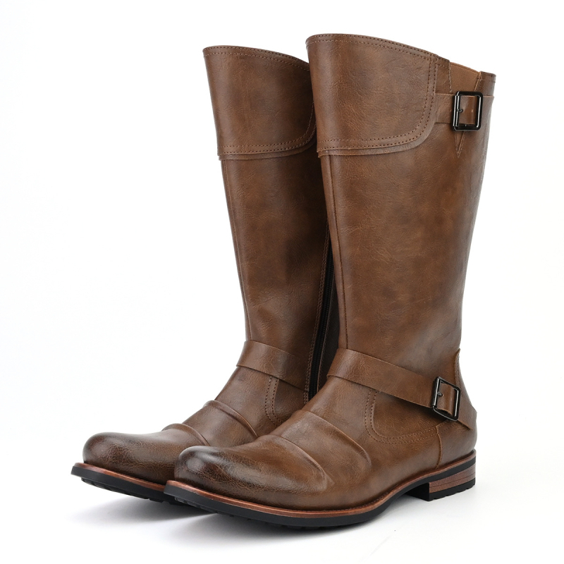 Muške kožne motociklističke čizme s PU gornjim dijelom, gumom, visokim šartorom i okruglim vrhom