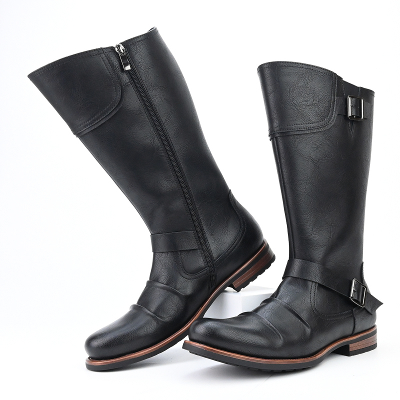 Muške kožne motociklističke čizme s PU gornjim dijelom, gumom, visokim šartorom i okruglim vrhom