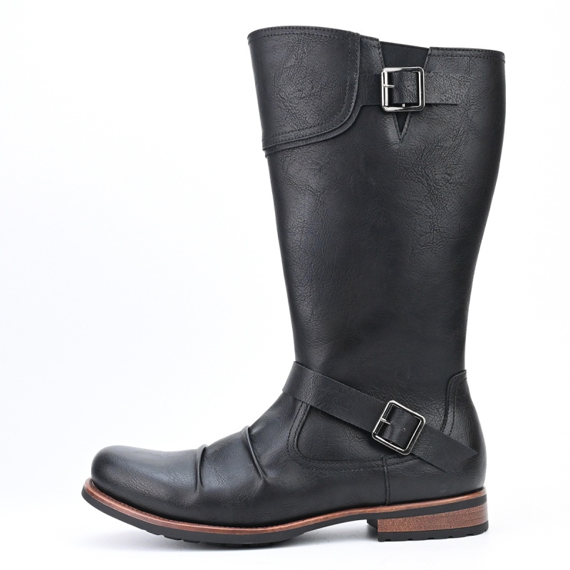 Muške kožne motociklističke čizme s PU gornjim dijelom, gumom, visokim šartorom i okruglim vrhom
