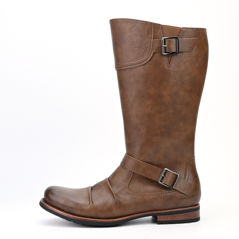 Muške kožne motociklističke čizme s PU gornjim dijelom, gumom, visokim šartorom i okruglim vrhom