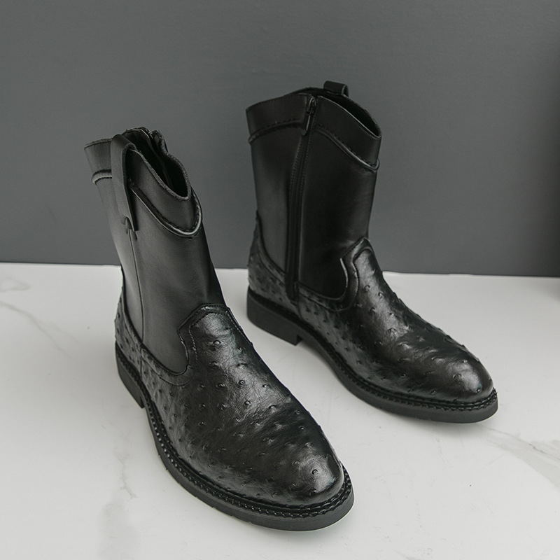 Ανδρικά μποτάκια PU με αιχμηρή μύτη, μεσαίο ύψος, πλευρικός φερμουάρ, καουτσούκ σόλα, μικρό τακούνι