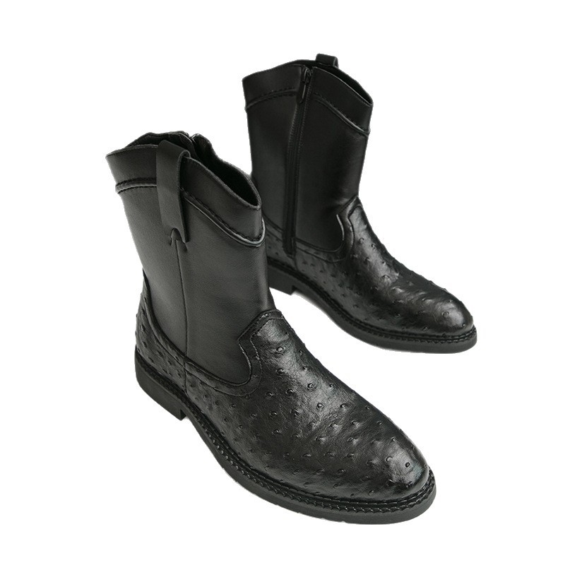 Ανδρικά μποτάκια PU με αιχμηρή μύτη, μεσαίο ύψος, πλευρικός φερμουάρ, καουτσούκ σόλα, μικρό τακούνι