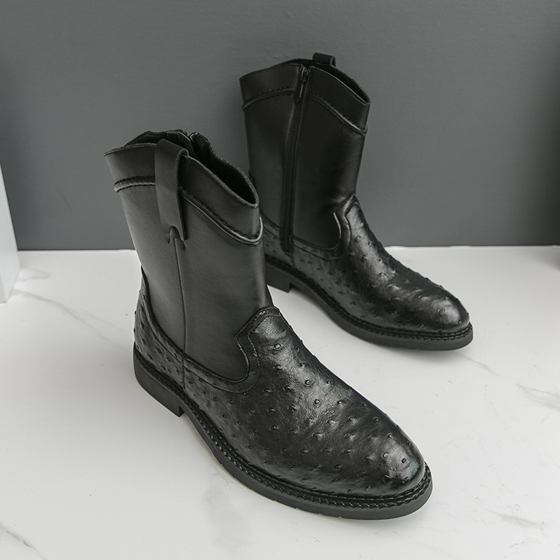 Ανδρικά μποτάκια PU με αιχμηρή μύτη, μεσαίο ύψος, πλευρικός φερμουάρ, καουτσούκ σόλα, μικρό τακούνι