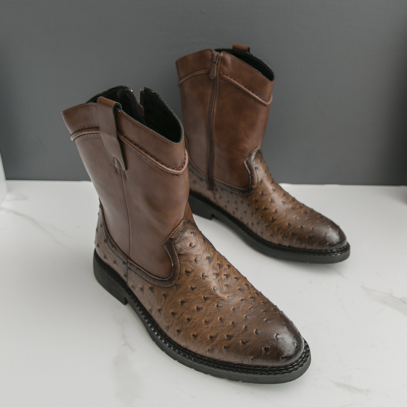 Ανδρικά μποτάκια PU με αιχμηρή μύτη, μεσαίο ύψος, πλευρικός φερμουάρ, καουτσούκ σόλα, μικρό τακούνι
