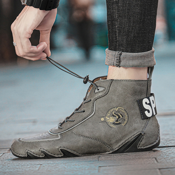 Ανδρικά χειμερινά δερμάτινα μποτάκια - επάνω από διπλό δέρμα, καουτσούκ σόλα, EVA πάτος, στρογγυλή μύτη