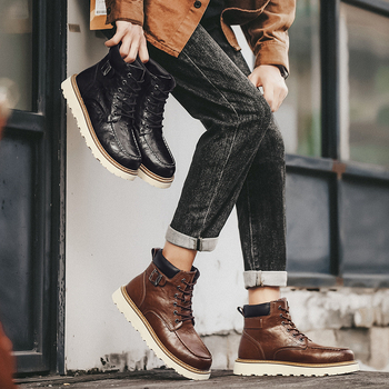 Μαρτίν μποτάκια για άνδρες, ψηλά, με παχιά σόλα, πάνω μέρος από δέρμα αγελάδας, εσωτερική επένδυση από γνήσιο δέρμα, κορδόνια μπροστά, διαπνέοντα