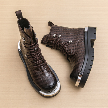 Ανδρικά δερμάτινα μποτάκια Martin με πλευρικό φερμουάρ, υψηλό ύφος, στρογγυλή μύτη, κωνική φτέρνα 3–5 cm, PU επάνω μέρος, καουτσούκ σόλα