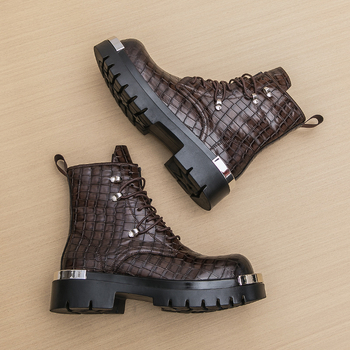 Ανδρικά δερμάτινα μποτάκια Martin με πλευρικό φερμουάρ, υψηλό ύφος, στρογγυλή μύτη, κωνική φτέρνα 3–5 cm, PU επάνω μέρος, καουτσούκ σόλα