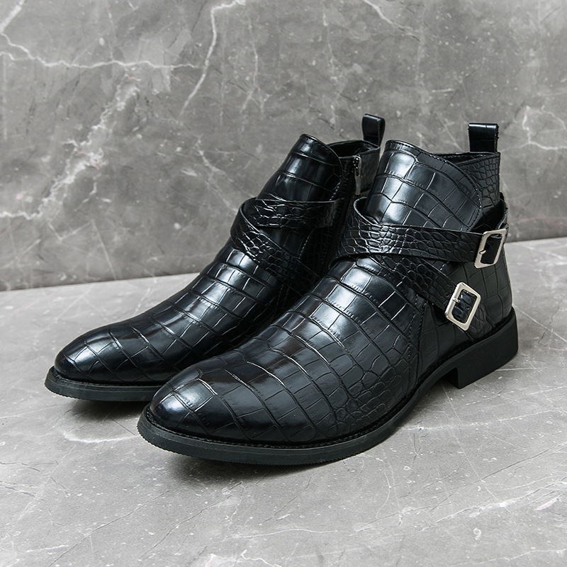 Ανδρικά δερμάτινα μποτάκια με φερμουάρ και ανάγλυφη επιφάνεια, ψηλά – vintage Martin, PU δέρμα, καουτσούκ σόλα, μυτερή μύτη, μεσαίο ύψος γάμπας, χαμηλό τακούνι