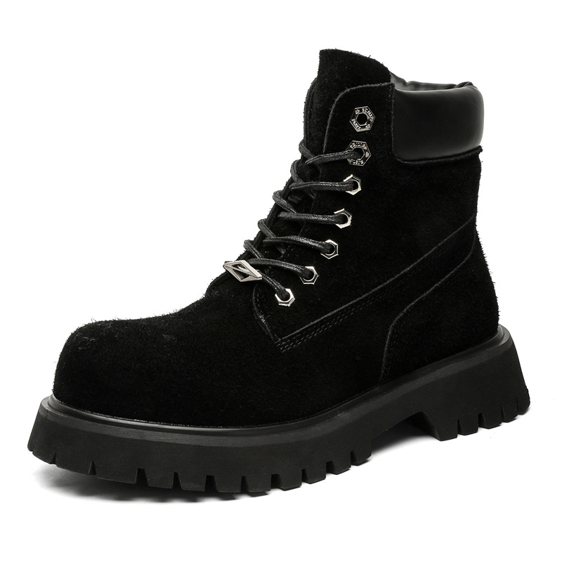 Ghete Martin cu creștere înălțime – stil britanic retro, velur pe sus, talpă din cauciuc, înălțimea tocului 3–5 cm, gambă medie, fermoar lateral 66682-J