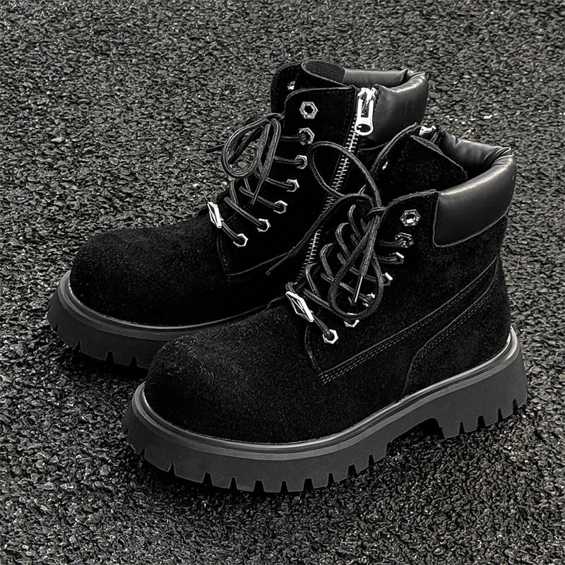 Ghete Martin cu creștere înălțime – stil britanic retro, velur pe sus, talpă din cauciuc, înălțimea tocului 3–5 cm, gambă medie, fermoar lateral 66682-J
