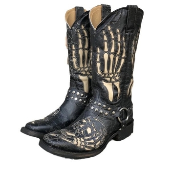 Ανδρικά μποτάκια σε στιλ ιπποτών με μοτίβο κρανίο και αγκράφα ζώνης, στρογγυλή μύτη, PU άνω μέρος, καουτσούκ σόλα, ύψος τακουνιού 3–5 cm