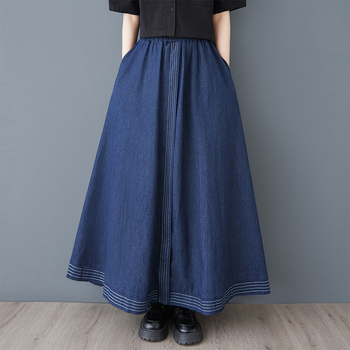 Τζιν φούστα Α-γραμμή, μακριά, με τσέπες, μίξη πολυεστέρα-τζιν, αστικός στυλ