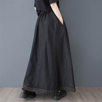 Τζιν φούστα Α-γραμμή, μακριά, με τσέπες, μίξη πολυεστέρα-τζιν, αστικός στυλ