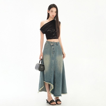 Τζιν φούστα με μεσαίου μήκους γραμμή, καλοκαιρινή σεζόν 2025, casual στυλ, 80–90% βαμβάκι