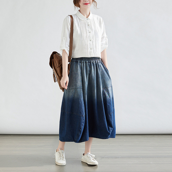 Φούστα από ντένιμ με σχήμα ομπρέλας, μεσαίου μήκους, ιαπωνο-κορεατικό χαλαρό στυλ, περιεκτικότητα σε βαμβάκι 30–50%