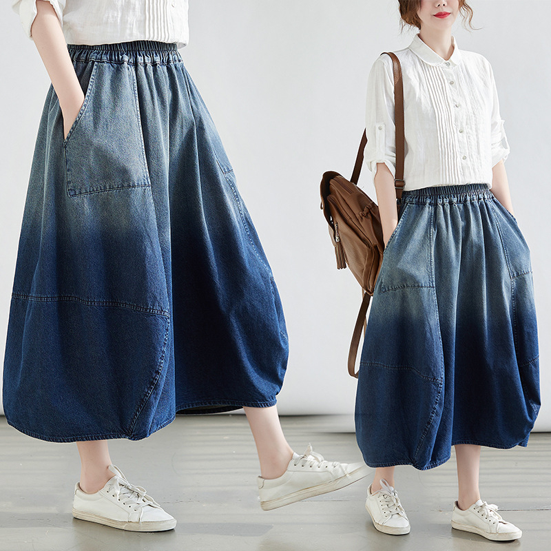 Denim suknja s kišobranom, srednja duljina, japansko-korejski ležerni stil, udio pamuka 30–50%