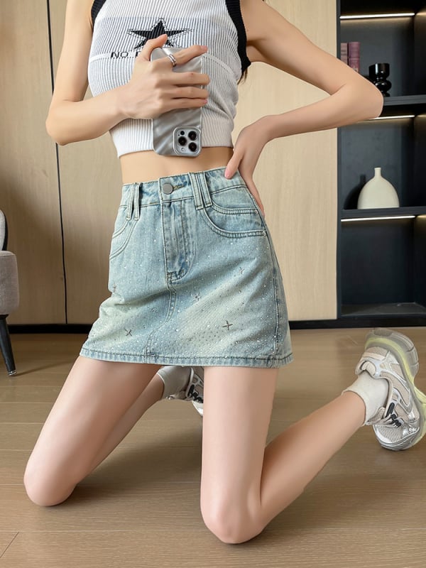 Τζιν φούστα σε γραμμή Α με στρας, επένδυμένη, μίξη βαμβάκι-πολυεστέρα, ελαστικό ύφασμα