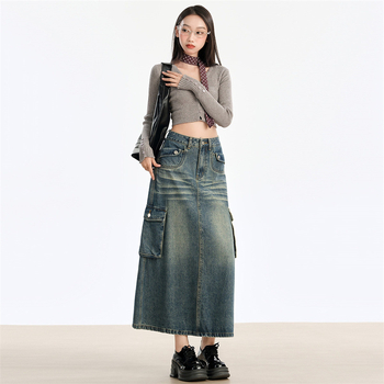 Φούστα σε γραμμή Α από τζίν, μακριά, ρετρό υψηλή μέση, στυλ street hipster, σχέδιο κολλάζ με χρωματικό συντονισμό