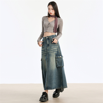 Φούστα σε γραμμή Α από τζίν, μακριά, ρετρό υψηλή μέση, στυλ street hipster, σχέδιο κολλάζ με χρωματικό συντονισμό