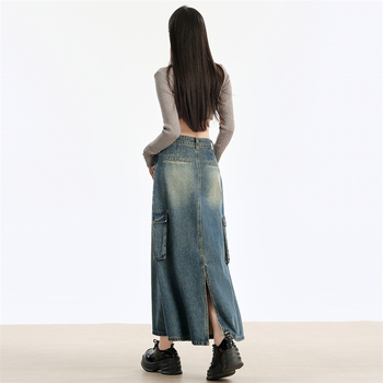 Φούστα σε γραμμή Α από τζίν, μακριά, ρετρό υψηλή μέση, στυλ street hipster, σχέδιο κολλάζ με χρωματικό συντονισμό