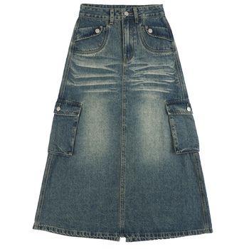 Φούστα σε γραμμή Α από τζίν, μακριά, ρετρό υψηλή μέση, στυλ street hipster, σχέδιο κολλάζ με χρωματικό συντονισμό