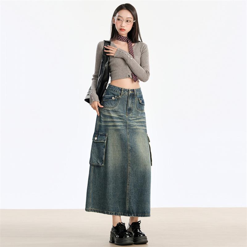 Traper suknja A-kroga, duga, visoki struk, retro street-hipster stil, dizajn s kolažom
