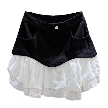 Τζιν φούστα Α-γραμμής με ριφλέ και συγκερασμένες ραφές σε κολλάζ, καλοκαίρι 2025, 50-70% βαμβάκι