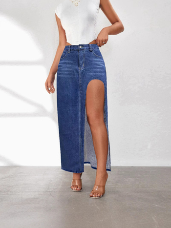 Φούστα τζιν, στυλ δρόμου χιπστερ, μεσαίου μήκους, μονόχρωμη, βαμβάκι 50–70%