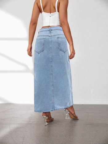 Φούστα τζιν, στυλ δρόμου χιπστερ, μεσαίου μήκους, μονόχρωμη, βαμβάκι 50–70%