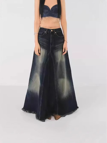 Τζιν φούστα με ψηλή μέση, σχέδιο φιστέιλ, σχέδιο με σχίσιμο, κολακευτική σιλουέτα, μεσαίου μήκους