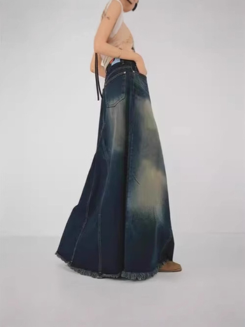 Τζιν φούστα με ψηλή μέση, σχέδιο φιστέιλ, σχέδιο με σχίσιμο, κολακευτική σιλουέτα, μεσαίου μήκους