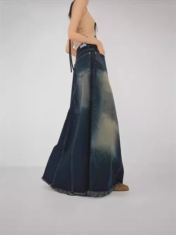 Τζιν φούστα με ψηλή μέση, σχέδιο φιστέιλ, σχέδιο με σχίσιμο, κολακευτική σιλουέτα, μεσαίου μήκους