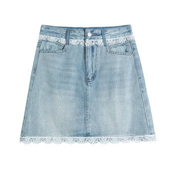 Τζιν φούστα σε Α‑γραμμή με δαντελένιο άκρο, μονόχρωμη, βαμβάκι-πολυεστέρας (50–70% βαμβάκι, 30–50% πολυεστέρα), κολλάζ σχέδιο, καλοκαίρι 2025, κορεατικό/ιαπωνικό casual στυλ
