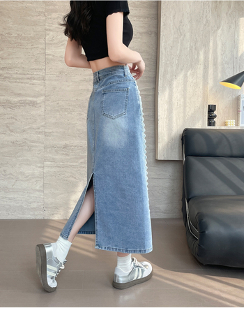 Φούστα τζιν με σχισμή, υψηλή μέση, Α-γραμμή, μεσαίου μήκους