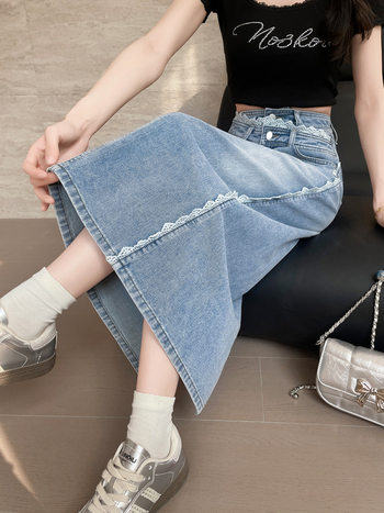 Φούστα τζιν με σχισμή, υψηλή μέση, Α-γραμμή, μεσαίου μήκους