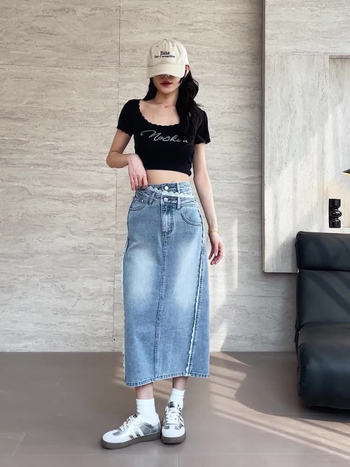 Φούστα τζιν με σχισμή, υψηλή μέση, Α-γραμμή, μεσαίου μήκους