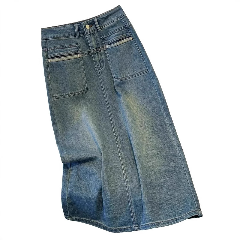 Retro denim midi suknja za žene, visokog struka, srednje dužine, ljeto 2026, kroj A-linije