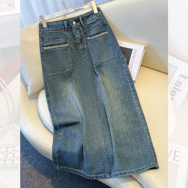 Retro denim midi suknja za žene, visokog struka, srednje dužine, ljeto 2026, kroj A-linije