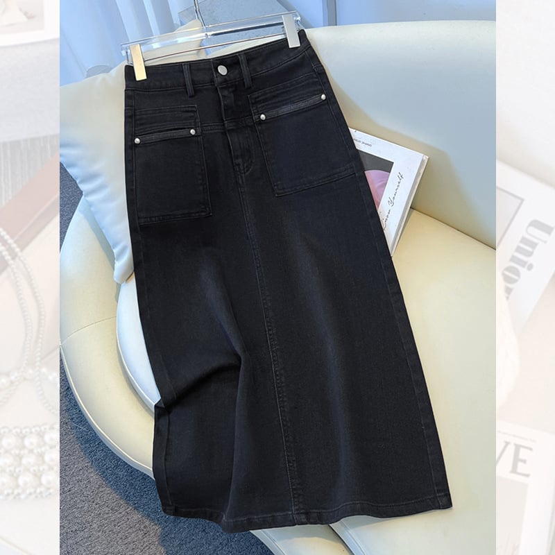 Retro denim midi suknja za žene, visokog struka, srednje dužine, ljeto 2026, kroj A-linije